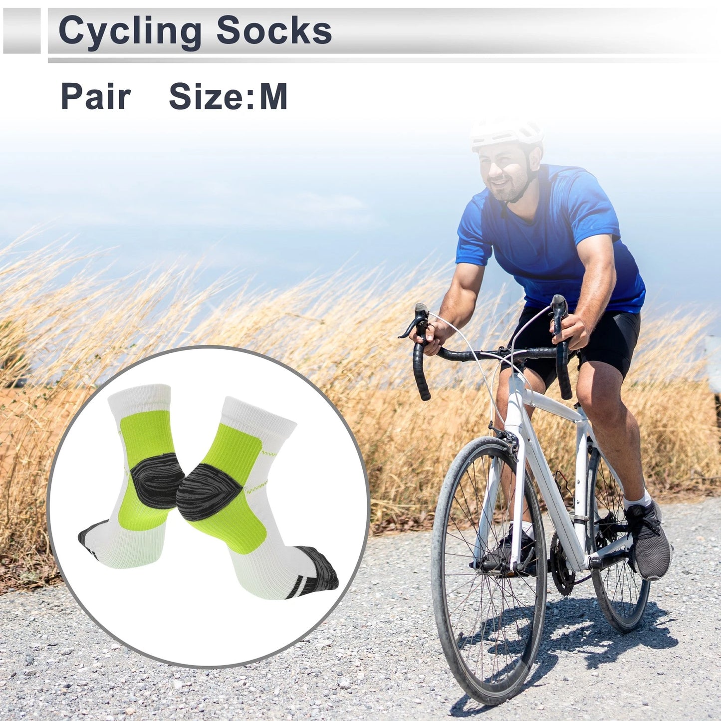 Cycling Socks Anti-Friction Shock Absorption Size M Low-Cut Green White