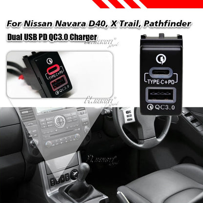 USB QC3.0 Charger PD for Nissan Altima Sentra X-trail Pathfinder Frontier Rogue