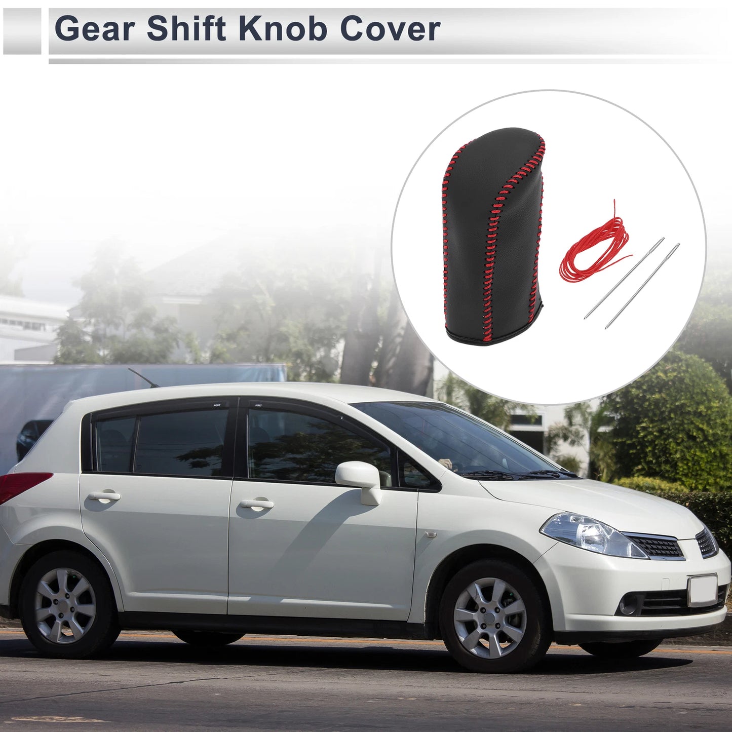 1 Pc Gear Shift Knob Cover for Nissan Tiida (2004–2012) Black Red Faux Leather