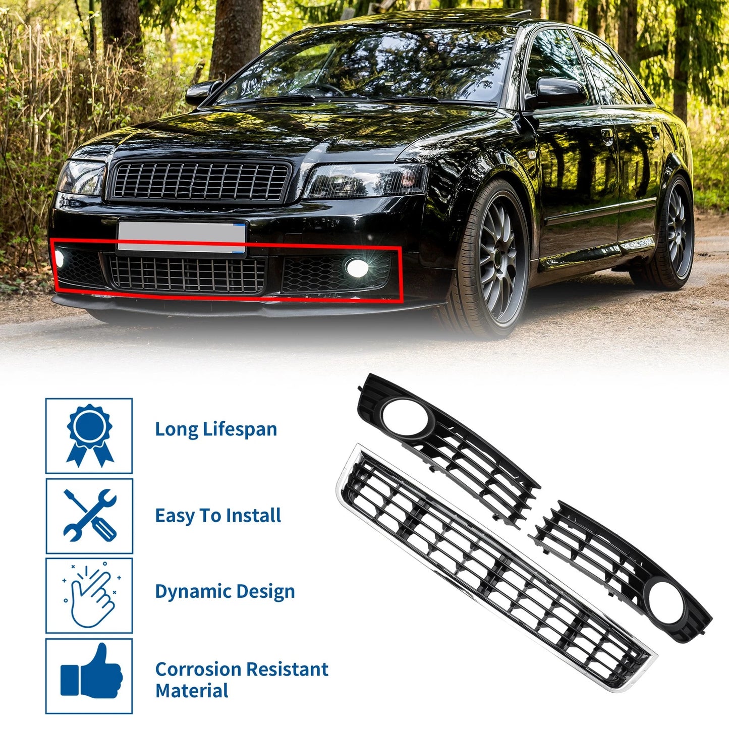 Set of 1 Front Lower Bumper Grille Grill for Audi A4 B6 (2003–2005) No.8E0807681 Black
