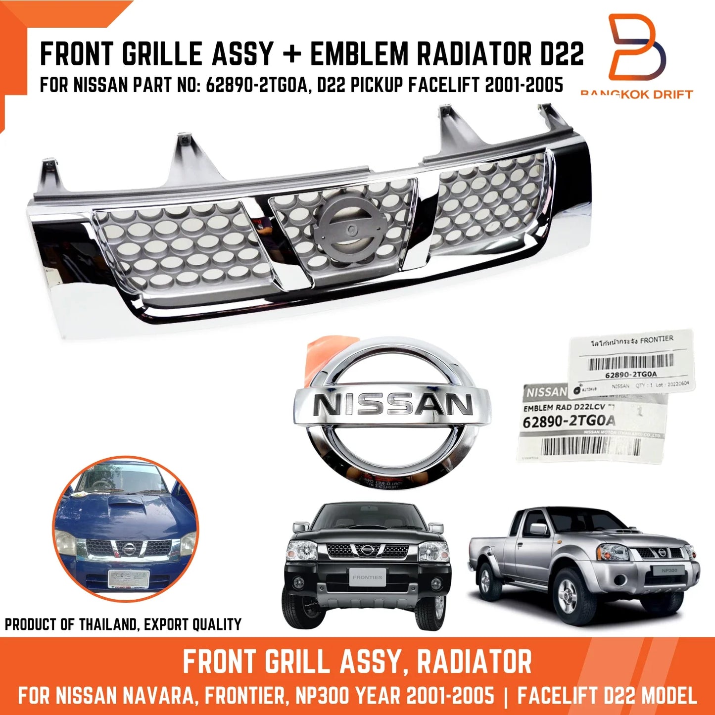 Grille + Emblem Chrome Trim for Nissan Navara Ute D22 (2001-2014)