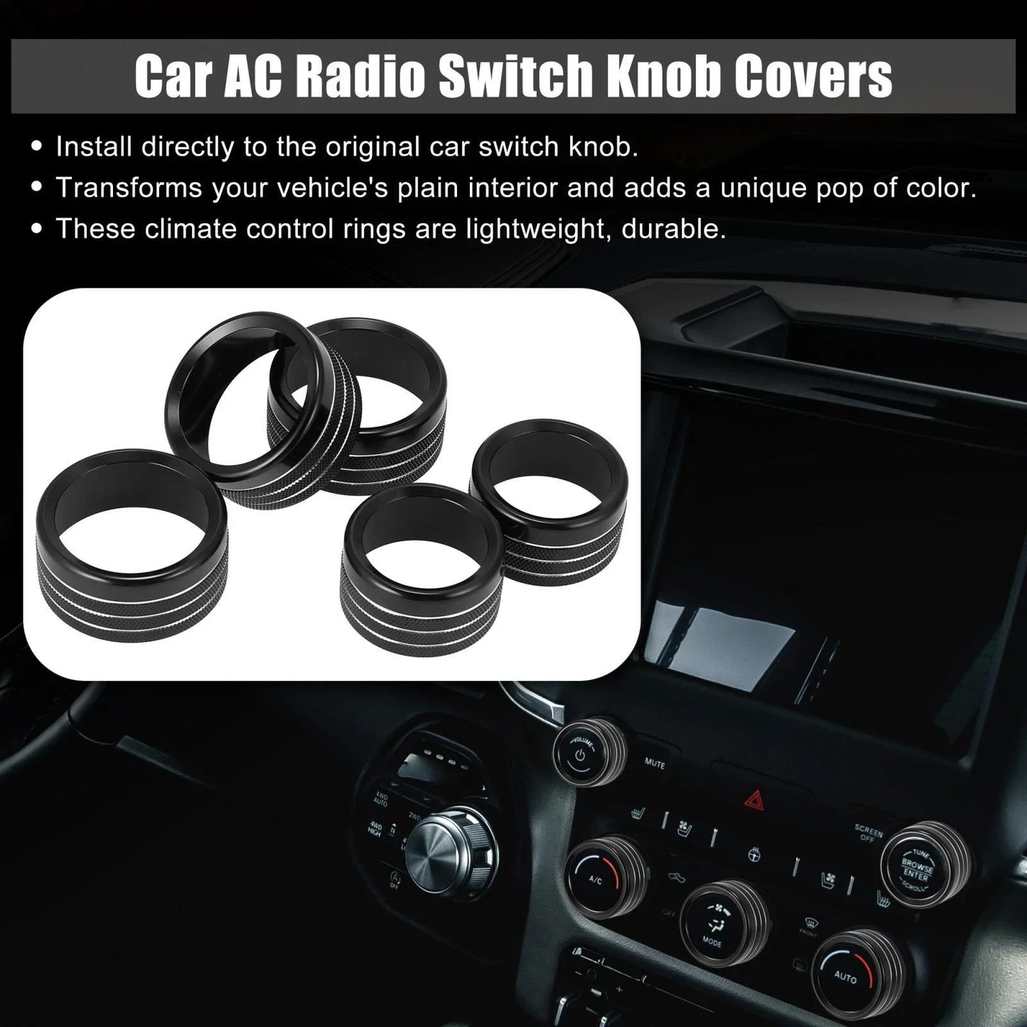 5 x Black AC Radio Switch Knob Covers for Dodge Ram 1500 (2018-2020)