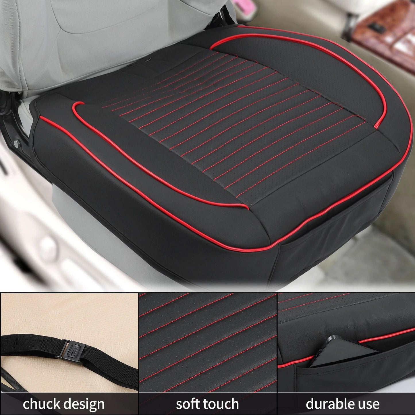 Bottom Seat Pad Cover for Car (1 Pc) - Black Red Faux Leather