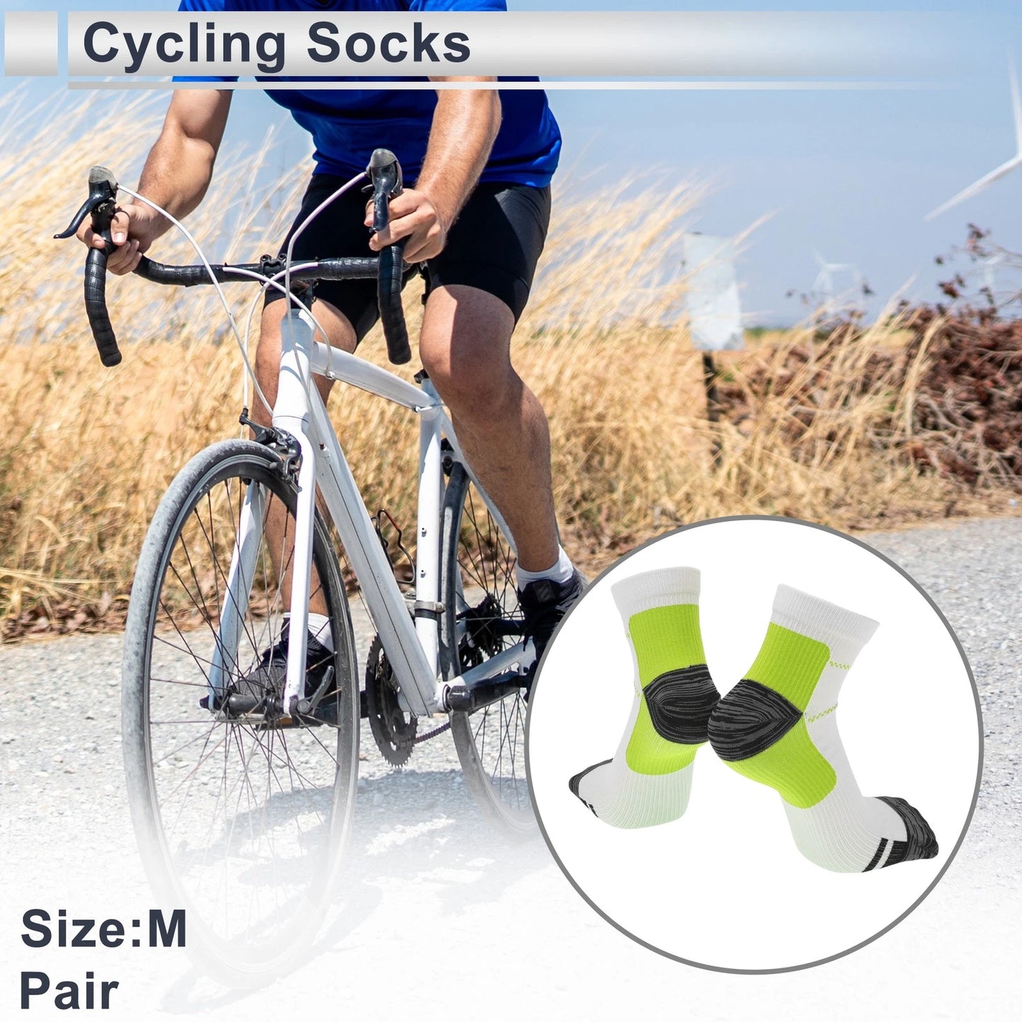 Cycling Socks Anti-Friction Shock Absorption Size M Low-Cut Green White