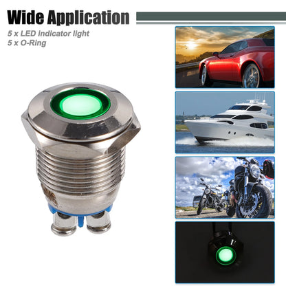 5Pcs 12mm LED Waterproof Pilot Indicator Light for Universal