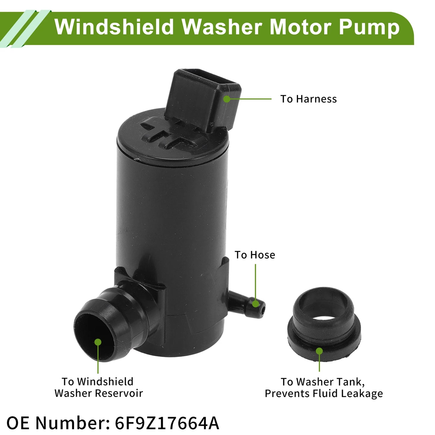 Windshield Washer Pump w/Grommet for Ford (No. 6F9Z17664A)