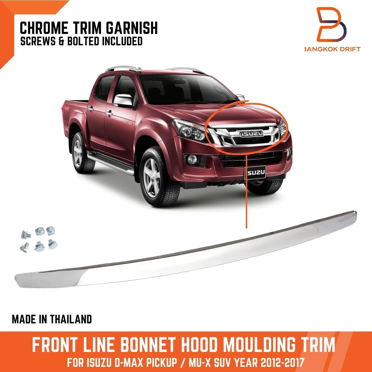 Chrome Front Bonnet Moulding Trim for Isuzu D-Max, MU-X (2012-2016)