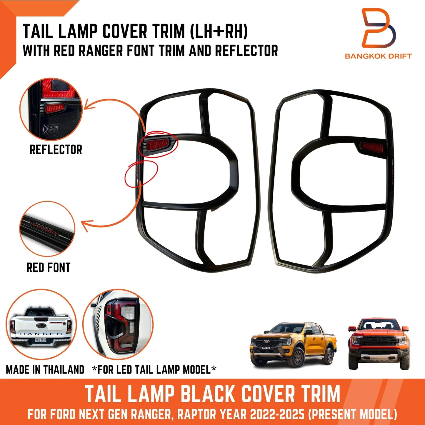 Black Red Reflector Taillight Cover Trim for Ford Ranger Raptor (2022-2025)