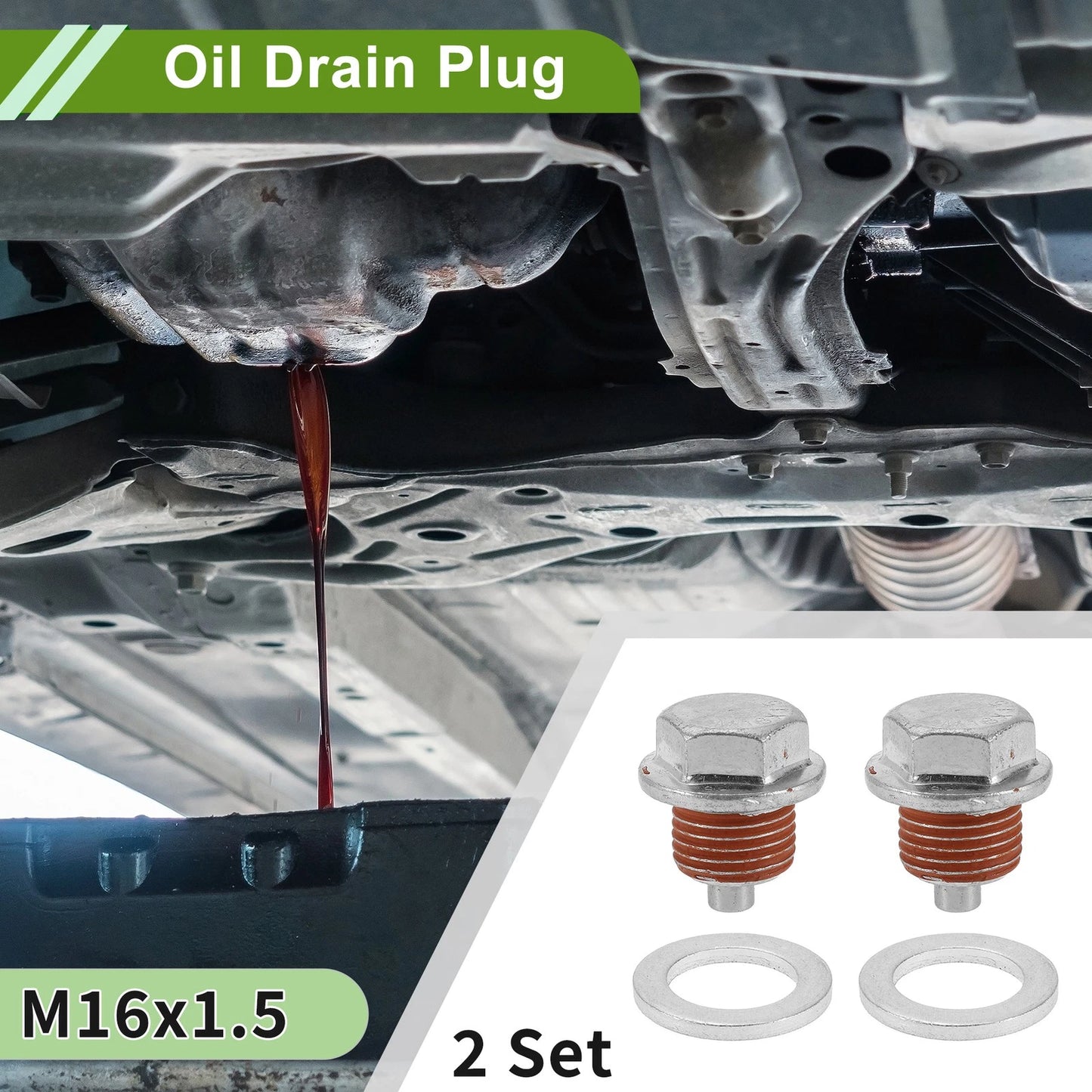 2X M16x1.5 Aluminum Oil Drain Plug with Gasket for Car (Silver Tone)