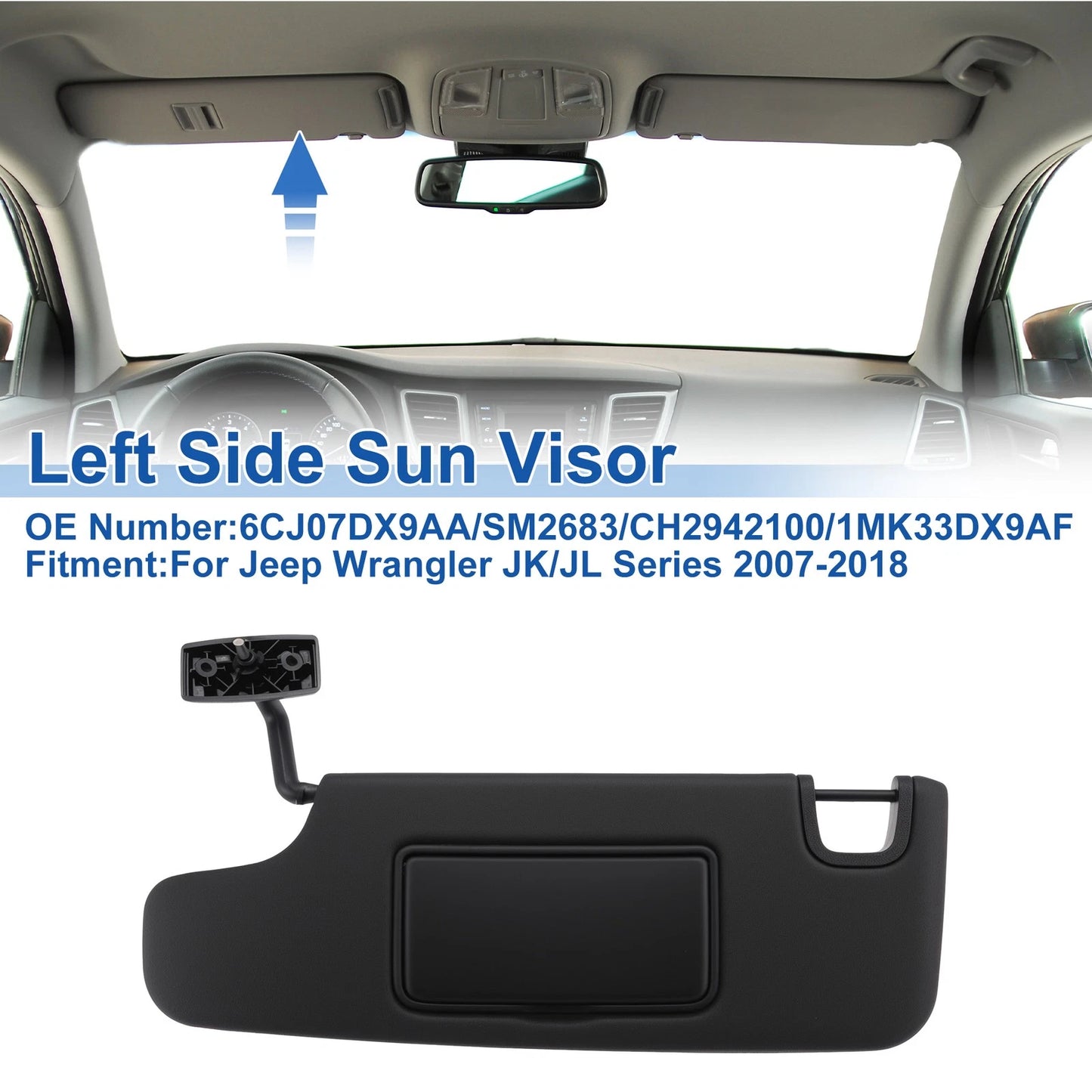 Left Side Sun Visor for Jeep Wrangler JK/JL (2007–2018) No.6CJ07DX9AA Black