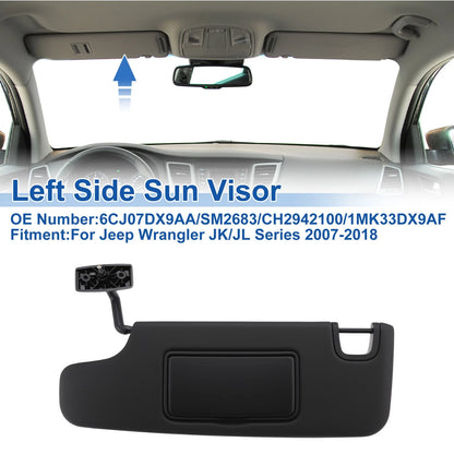 Left Side Sun Visor for Jeep Wrangler JK/JL (2007–2018) No.6CJ07DX9AA Black