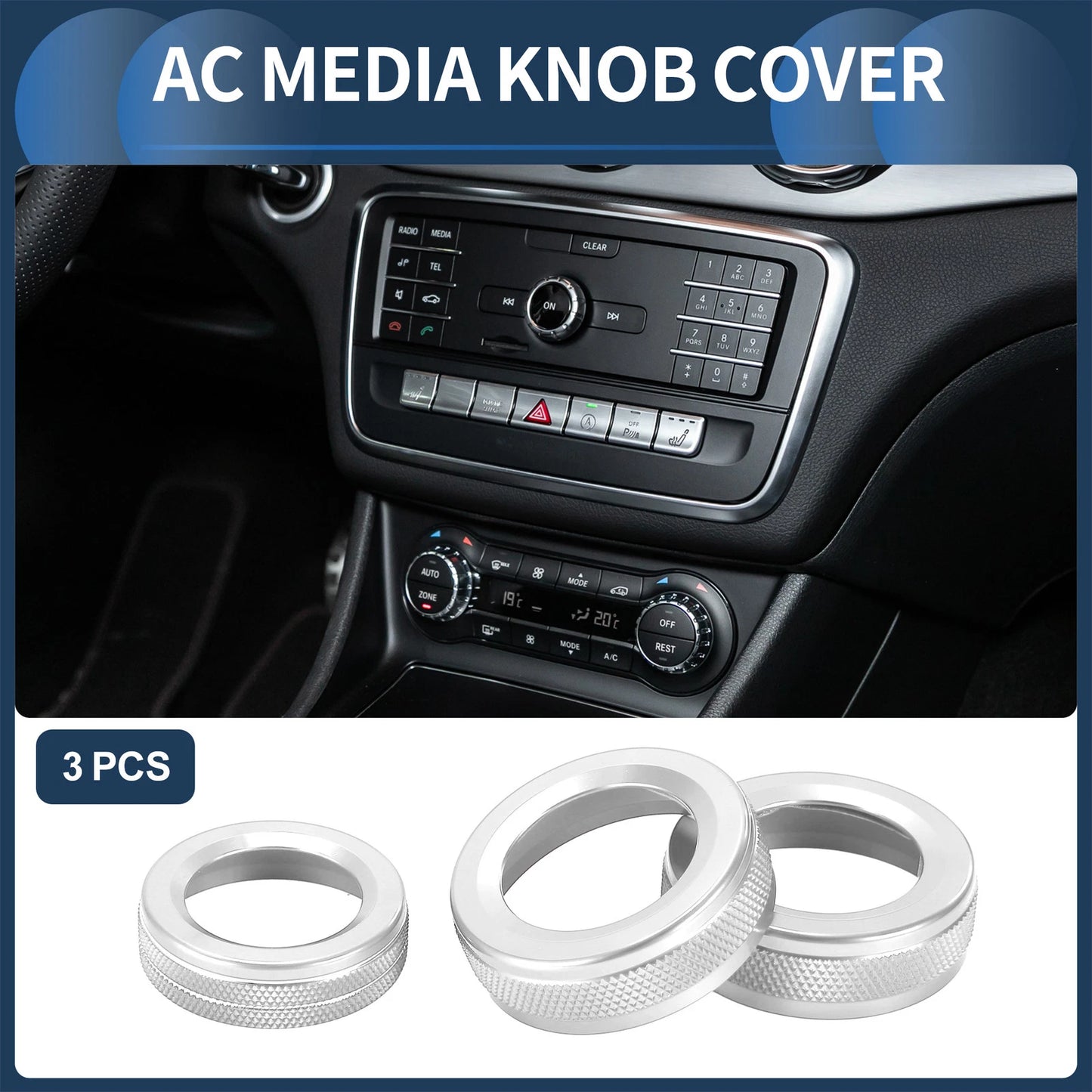 Set of 3 AC Media Knob Covers for Mercedes-Benz A B E GLK GLA CLA Class Silver Tone