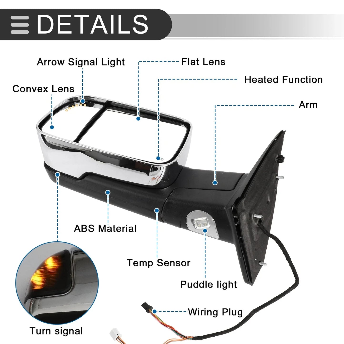 Tow Mirrors for Dodge Ram 1500 2500 2009-2018 with Lights - Silver Tone 2 x