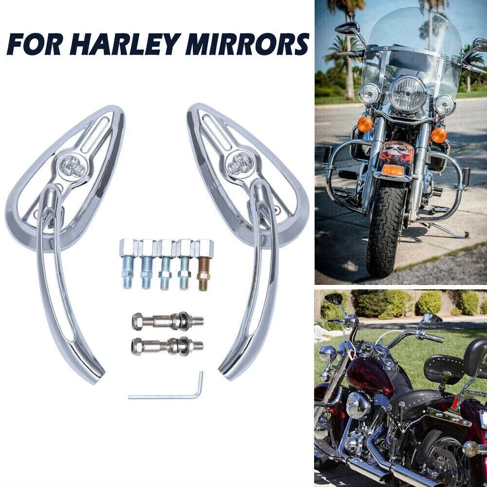 Skull Chrome Motorcycle Mirrors for Harley Davidson Road King, Street Glide, Dyna