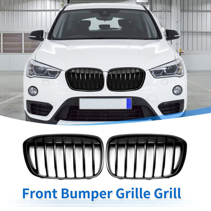 1 Pair Front Upper Bumper Grille for BMW X1 F48 (2016–2022) Gloss Black