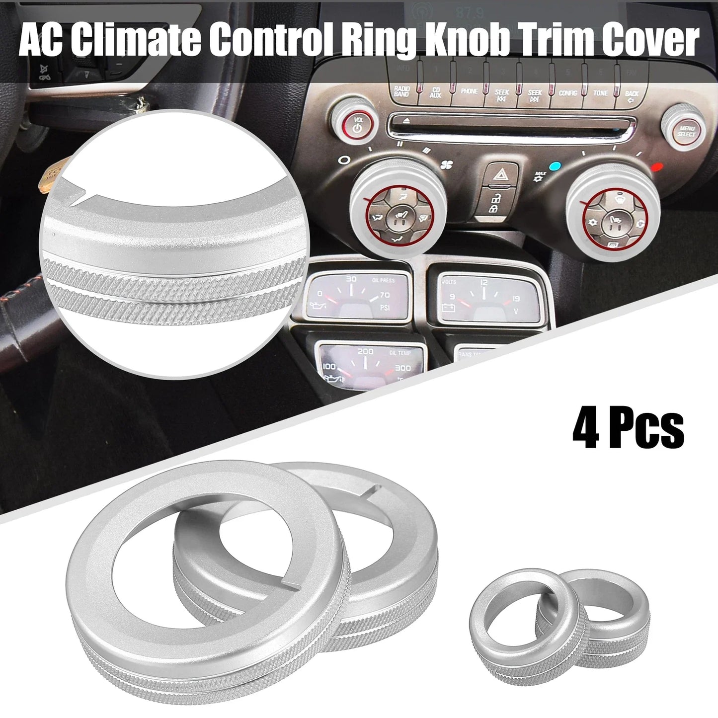 4 x Silver Tone Aluminum Alloy Center Control Ring Knob Covers for Chevrolet