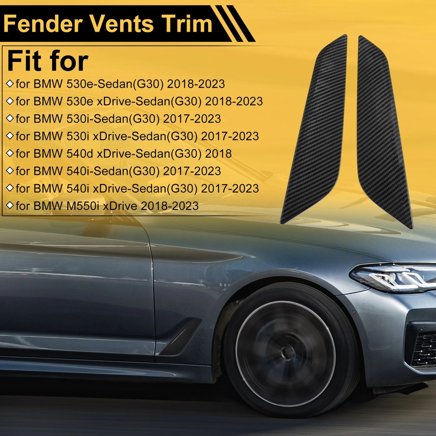 Set of 2 Air Flow Fender Vent Cover Trim for BMW 530e Sedan (G30) Carbon Fiber Black