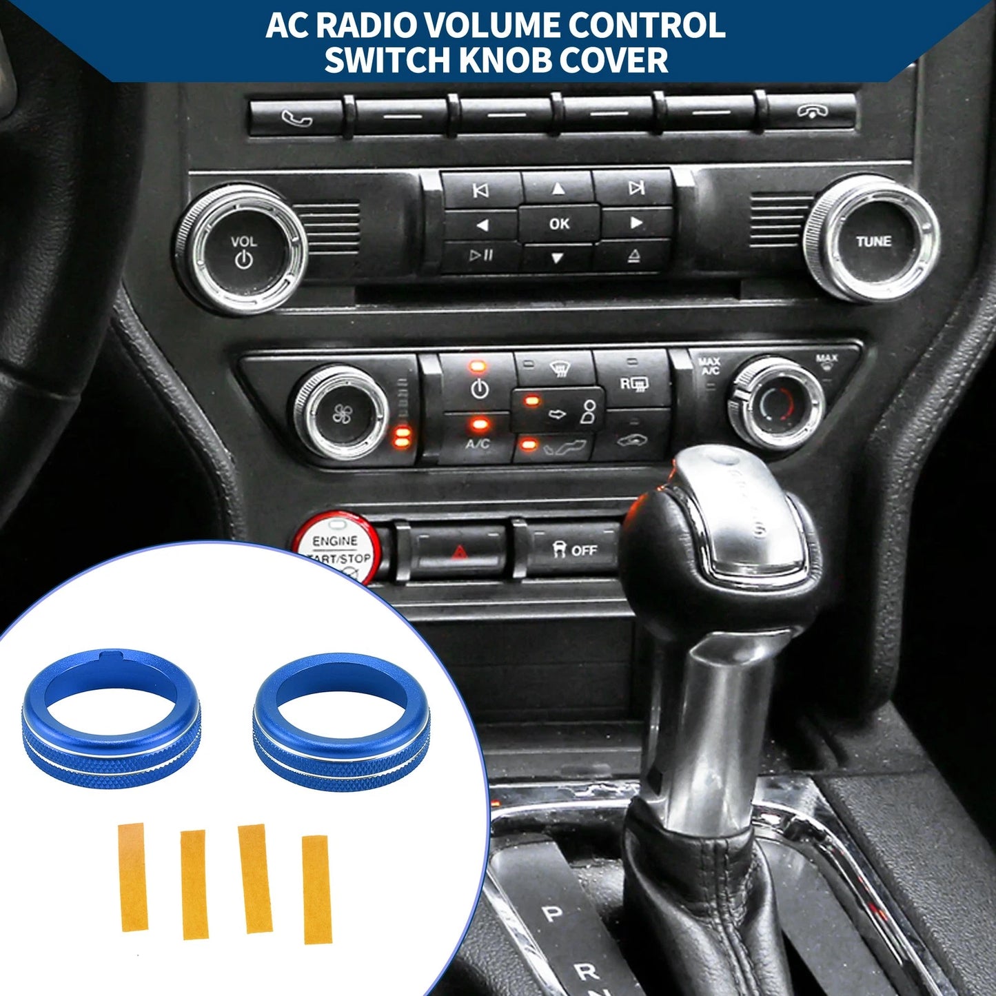 Set of 2 AC Climate Switch Knob Cover Ring for Ford Mustang (2015–2021) Blue