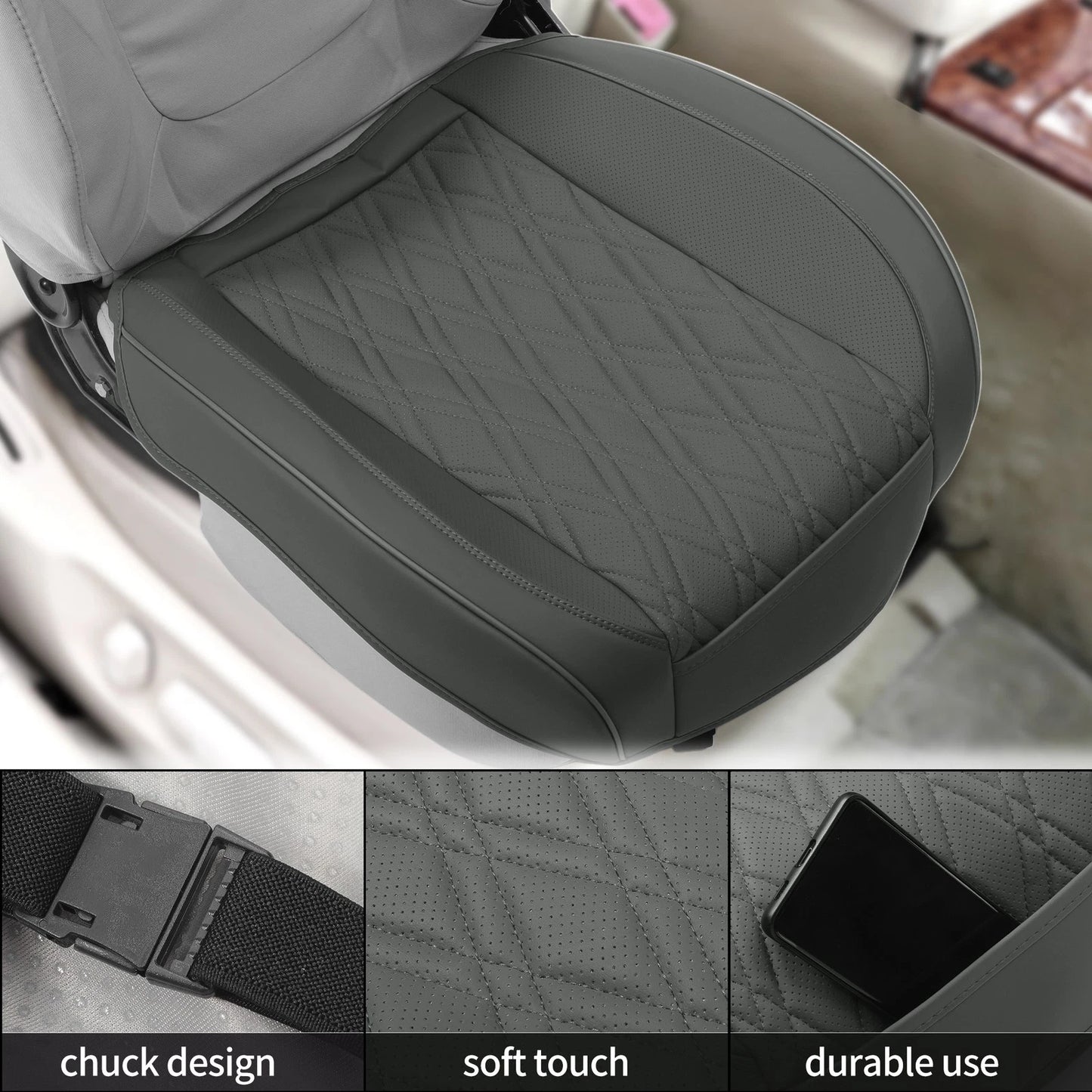 Bottom Seat Pad Cover for Car (1 Pc) - Gray Faux Leather Rhombus