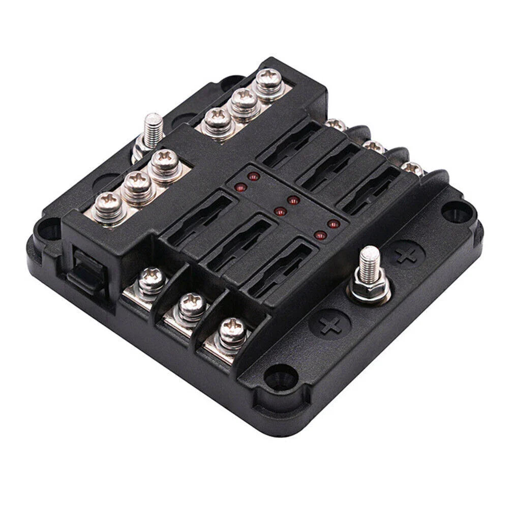 6-Way Blade Fuse Box Block Holder w/ LED Indicator for Marine Bus RVs Boats