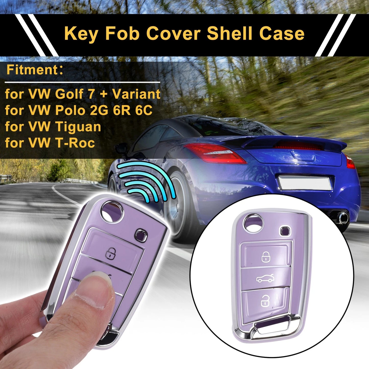 TPU Car Key Case for VW Golf 7 (2013–2020) - 3 Buttons, Purple Silver Tone