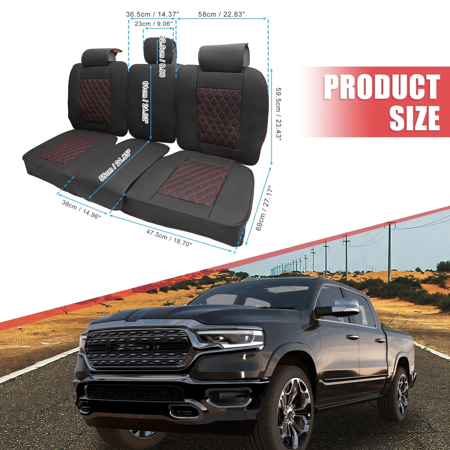 Set of 3 Rear Seat Covers for Dodge Ram  Black Red