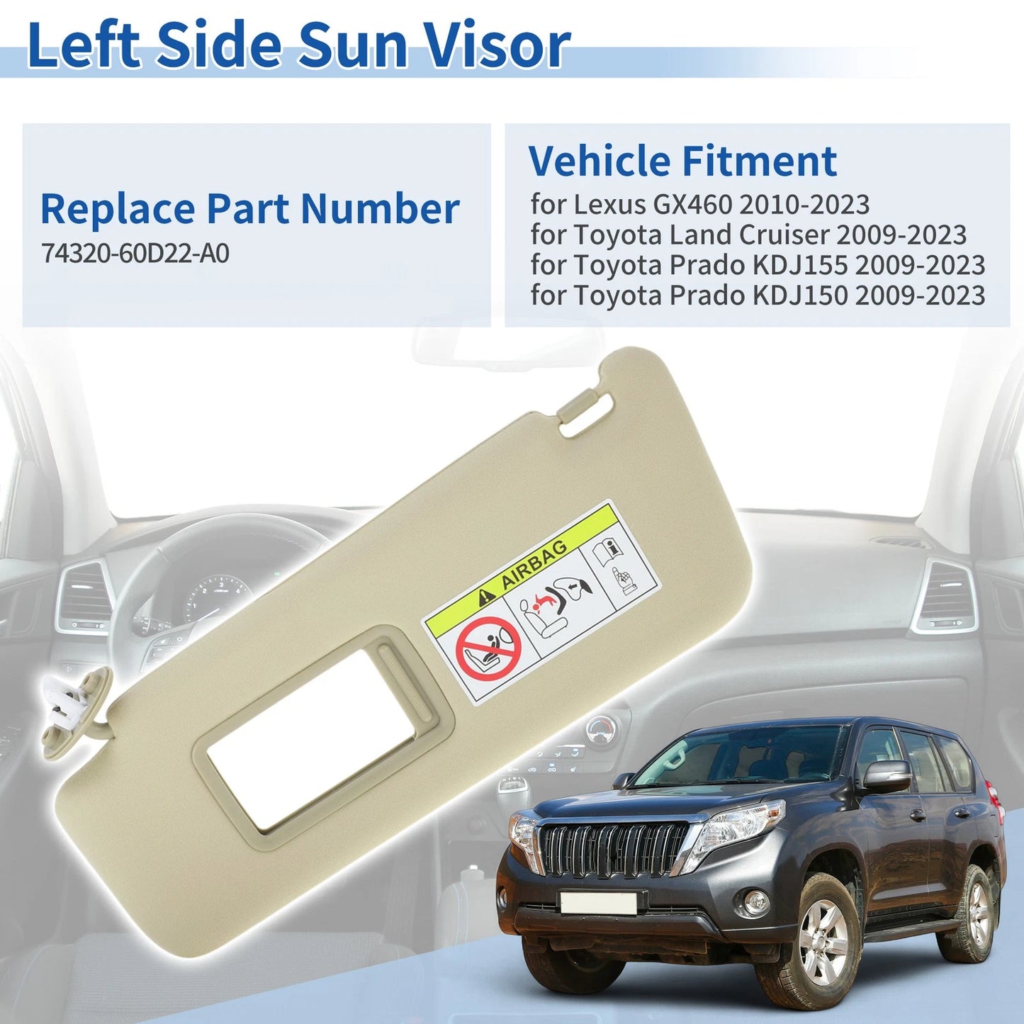 Left Side Sun Visor for Lexus GX460 (2010–2023) No. 74320-60D22-A0 Beige