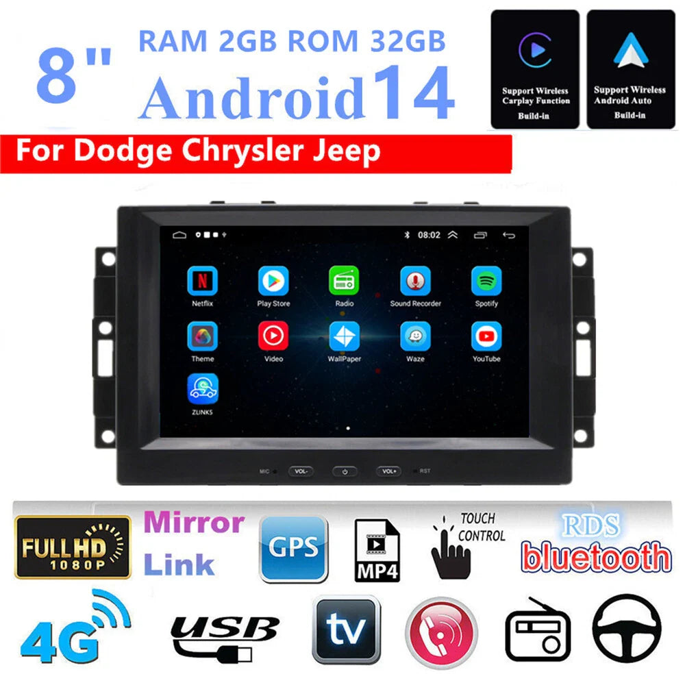 8'' Car Stereo GPS Navigation for Dodge Caliber, Ram, Chrysler, Jeep (2007-2012)