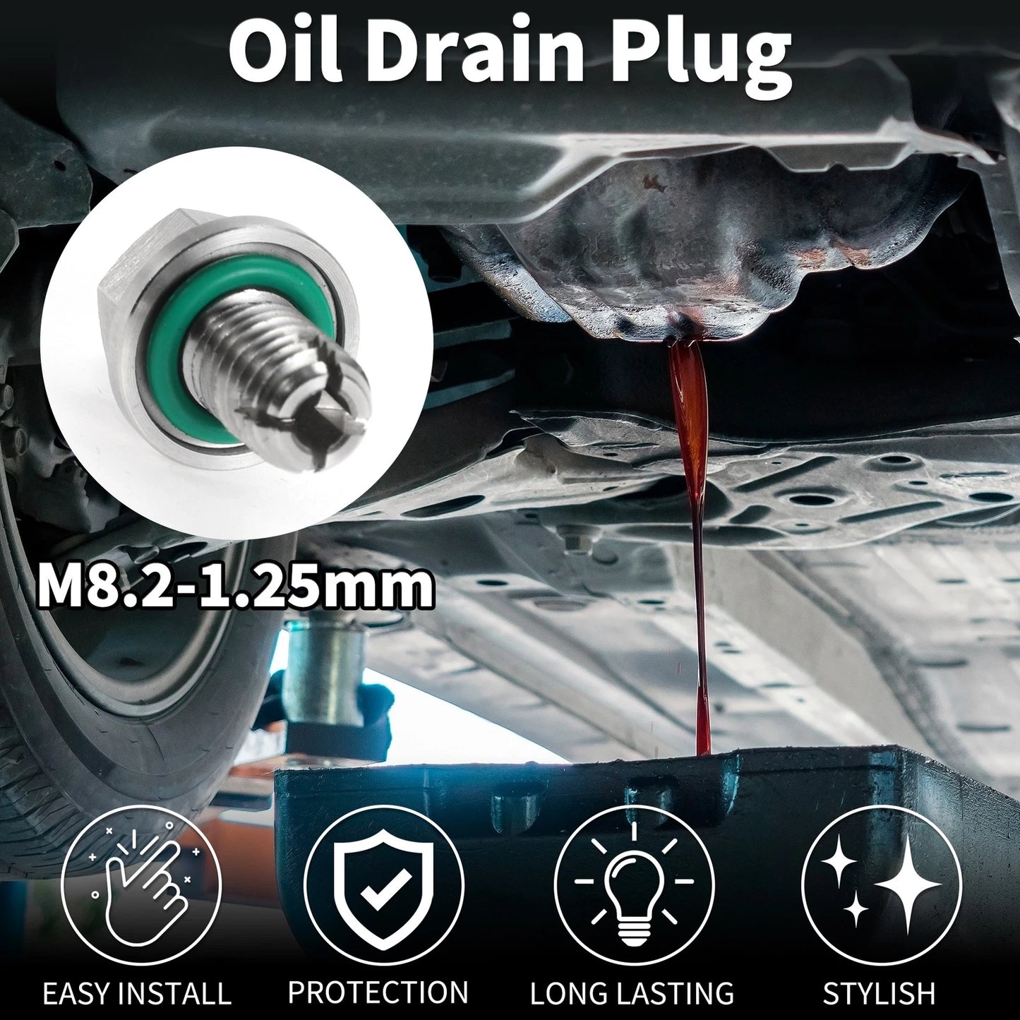 Set of 1 M8.2-1.25mm Copper Oil Drain Plug with Gasket for Car Motorcycle