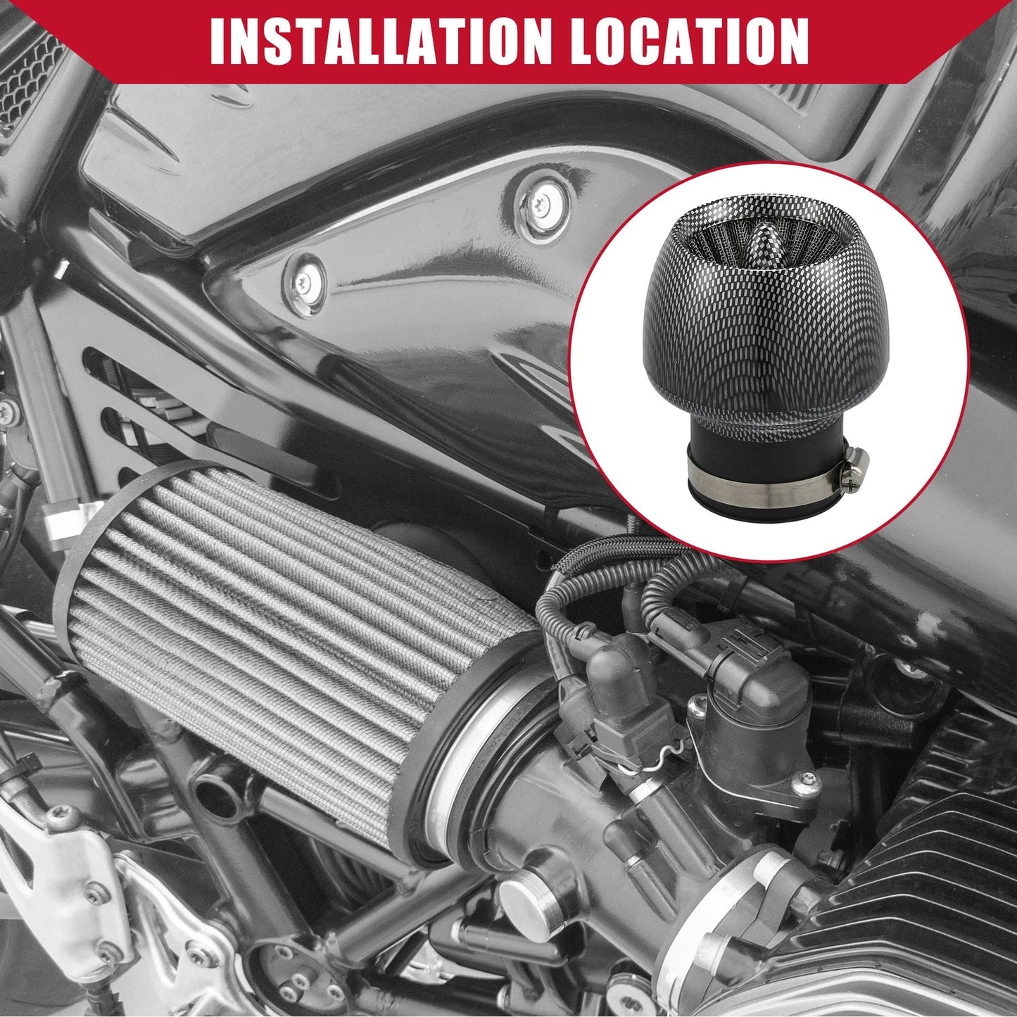 Air Cleaner Filter for Motorcycle (28-48mm, Carbon Fiber Pattern, Black)
