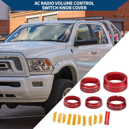 Set of 5 AC Gear Shift Headlight Media Knob Covers for Dodge RAM (2013–2017) Red