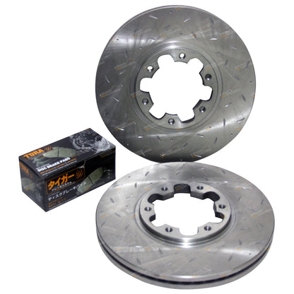 2 Front Dimple Drilled Slotted Brake Rotors + Pads for Navara D22 (2001–2015)