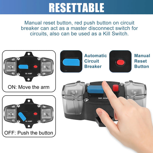 Set of 2 50A Circuit Breaker 12V-48V DC with Battery Terminal for Boat