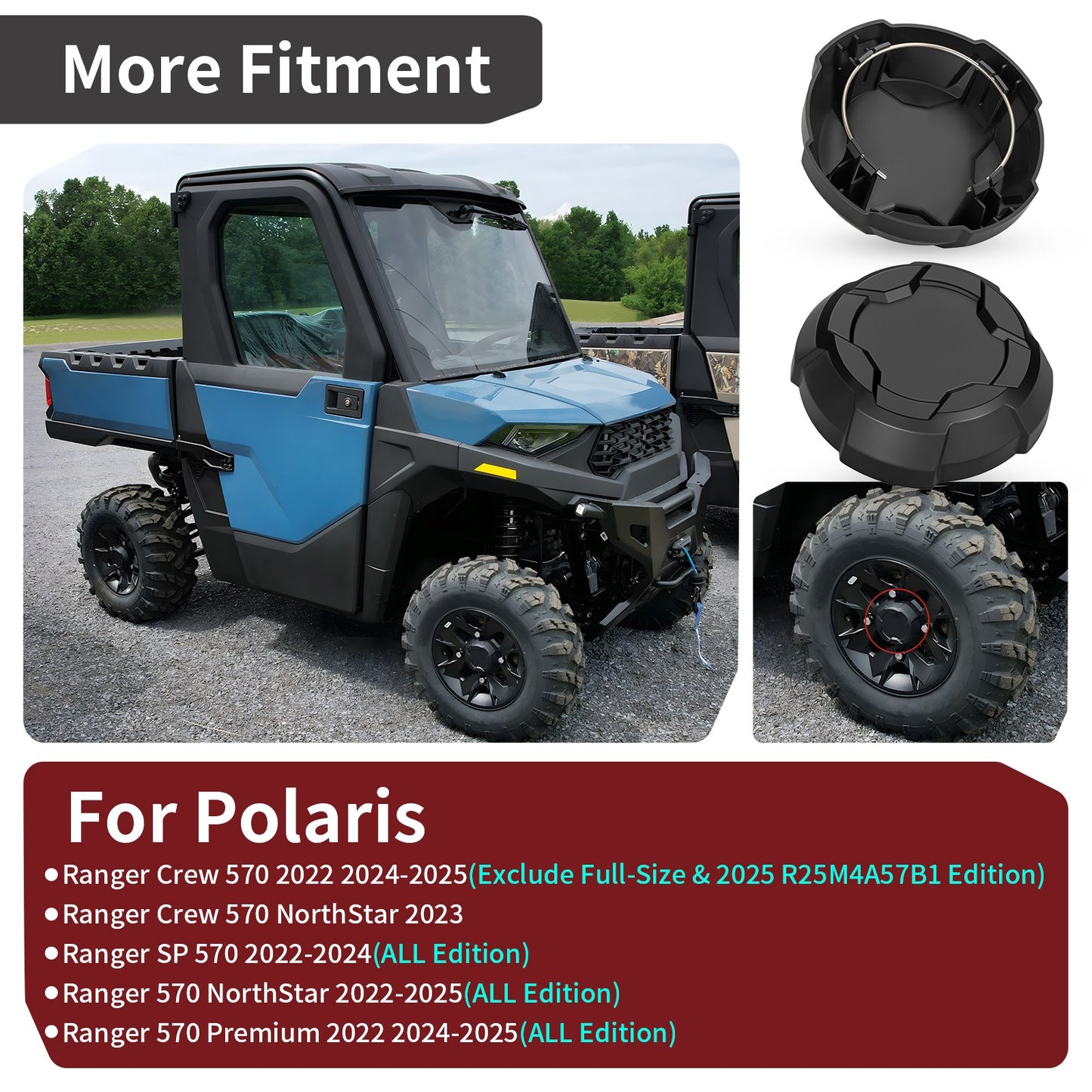 2 Pack Matte Black Rim Cap for Polaris Ranger Crew SP 570 (2022–2025)