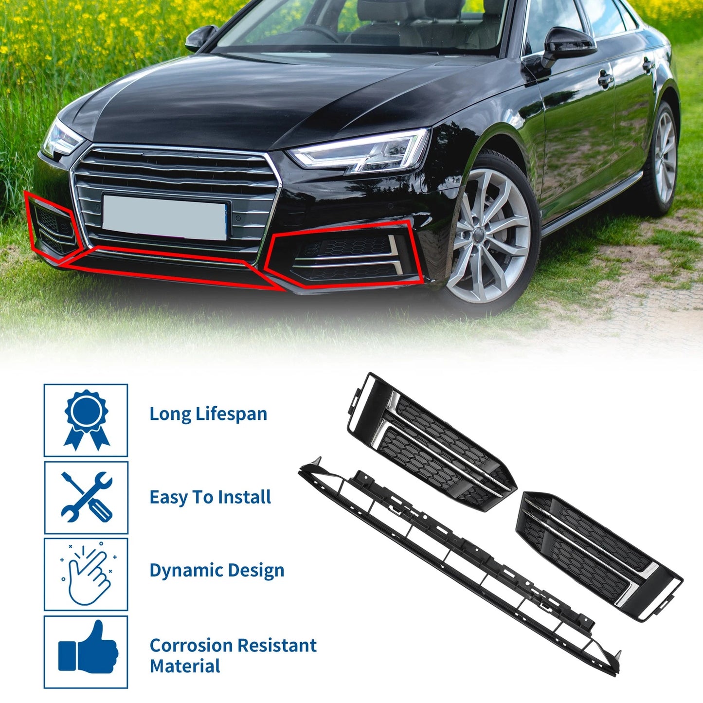 Front Lower Bumper Grille for Audi A4 B9 (2016–2018) Black Sport Style