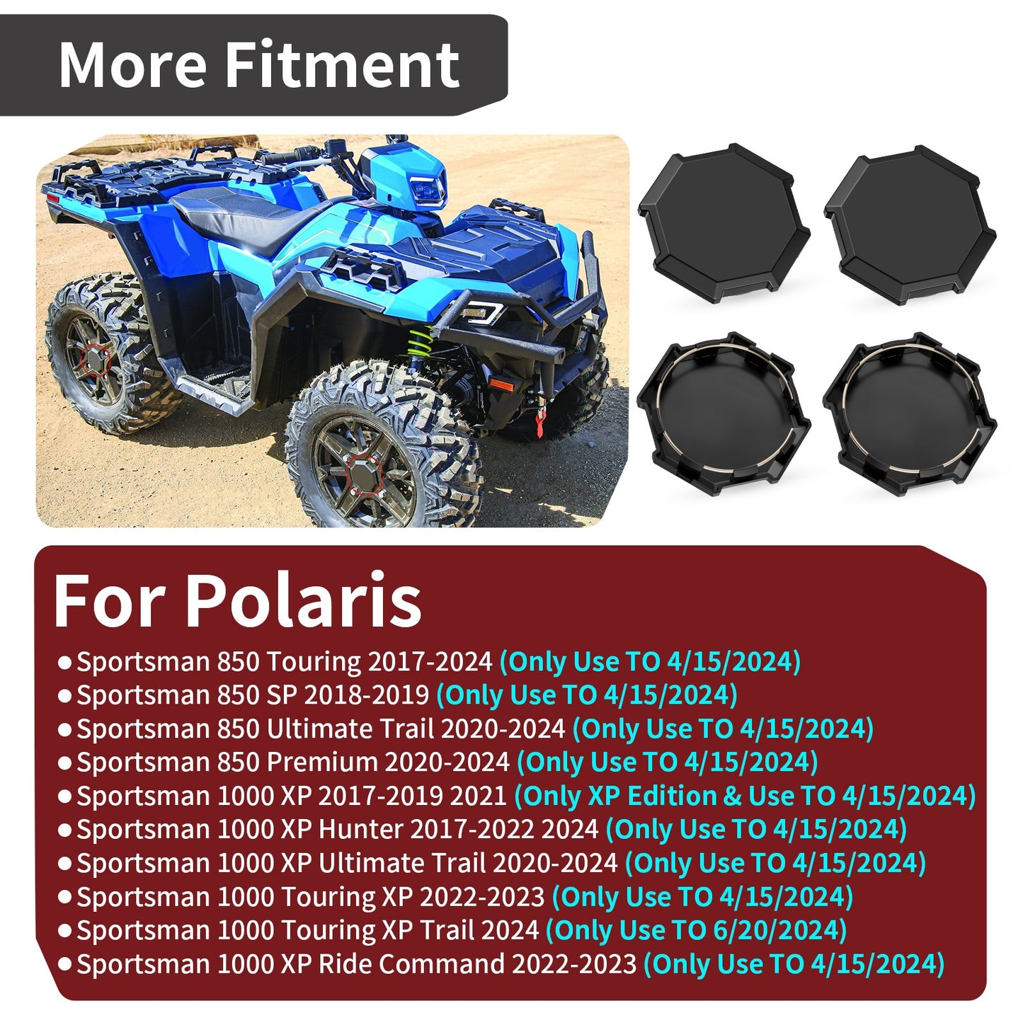 Set of 4 Black Wheel Hub Caps for Polaris Sportsman 1000 XP (2017–2024)