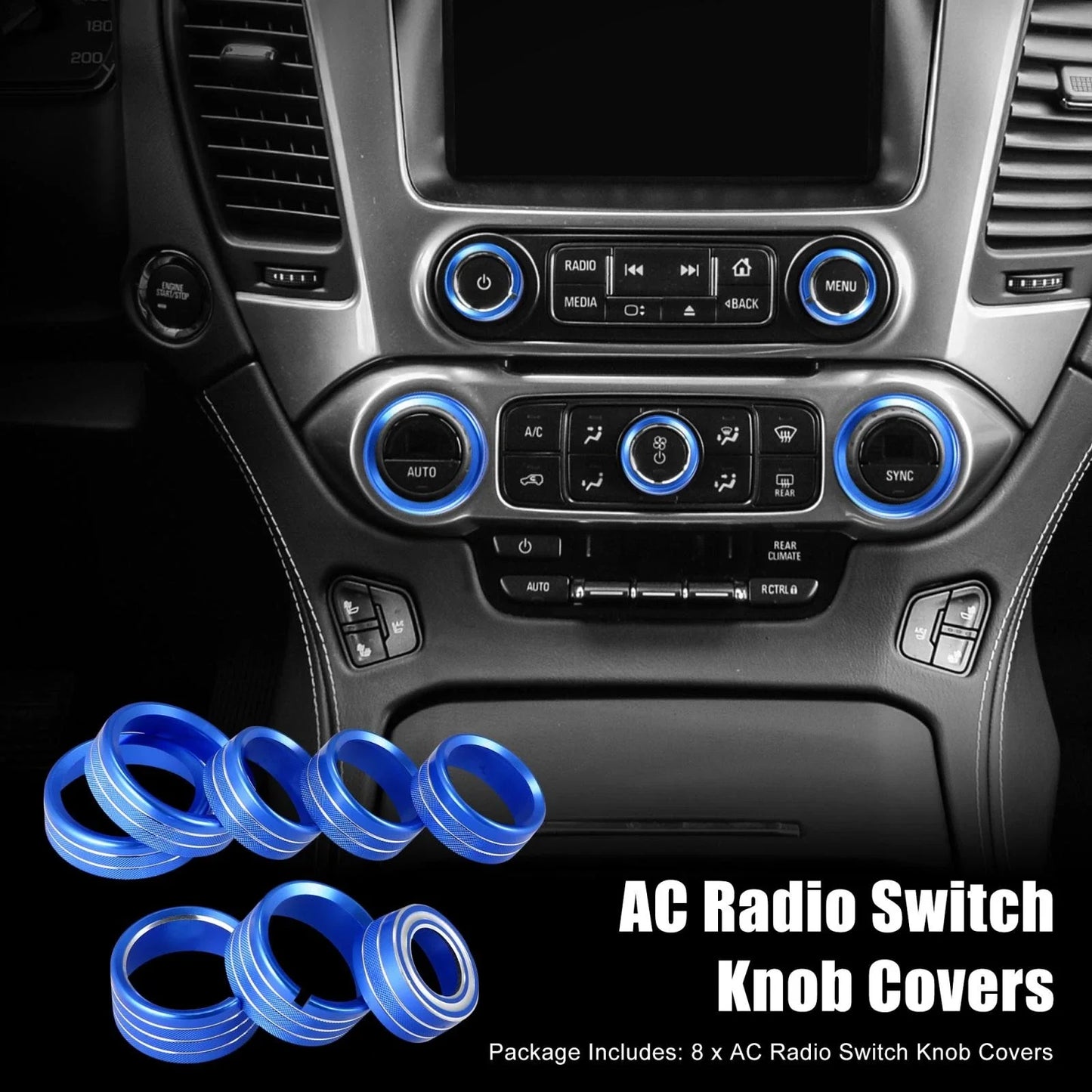 8 Pcs Blue AC Radio Switch Knob Covers for Chevy Silverado, GMC Sierra (2014-2018)