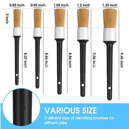 5 x Boar Hair Bristle Detailing Brushes for Car Cleaning Wheels Soft Easy Use