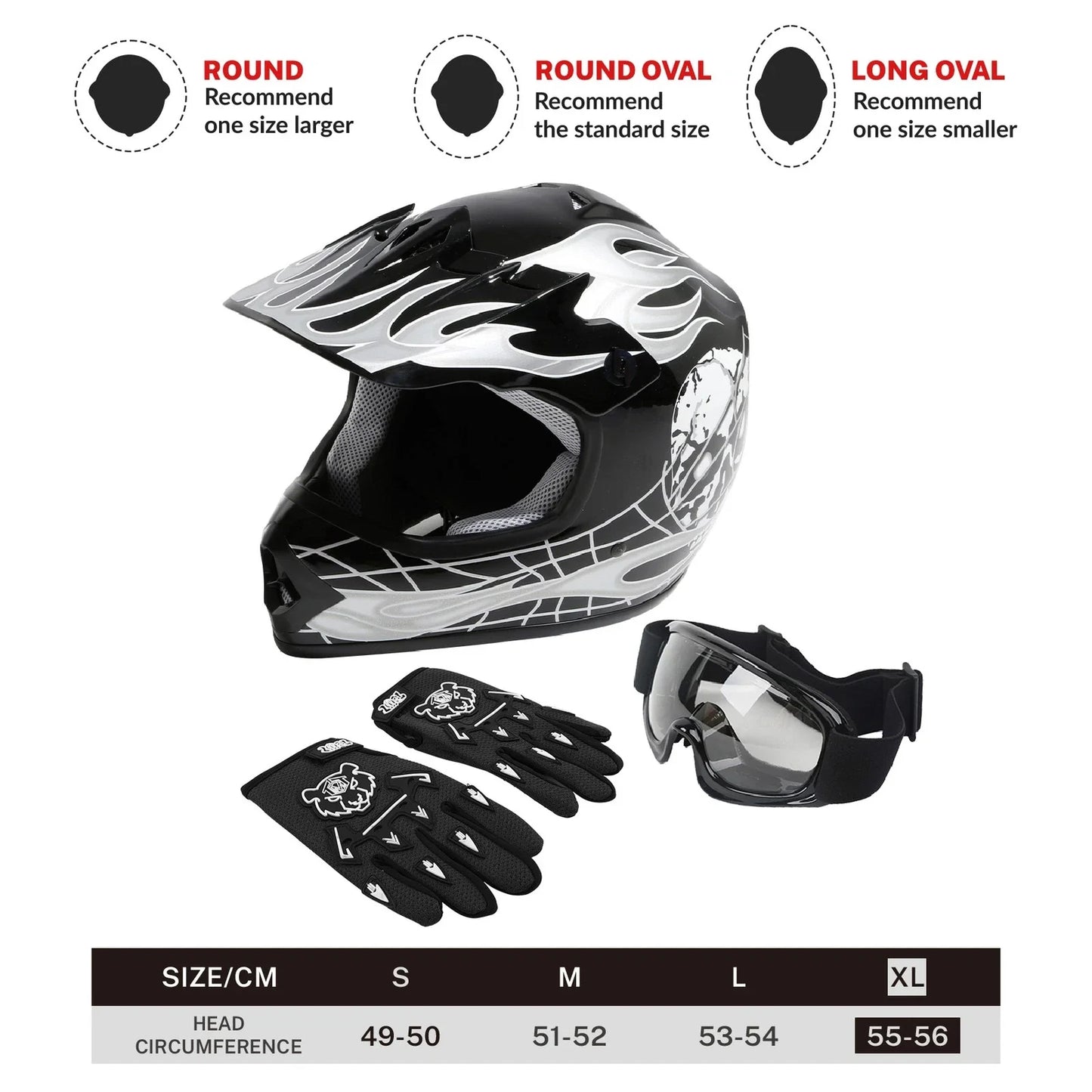 Youth Full Face Motocross Helmet Black Skull for Motorcycle S M L XL