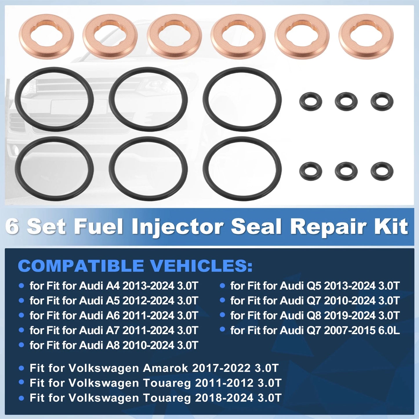 Set of 6 Fuel Injector Seal Repair Kit for Volkswagen Touareg (2011–2014)