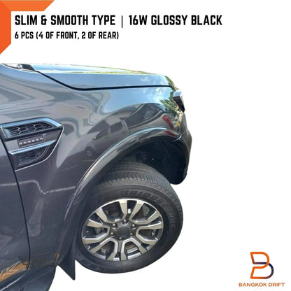 16W Glossy Black Slim Fender Flares for Ford Ranger T6 (2015-2018)