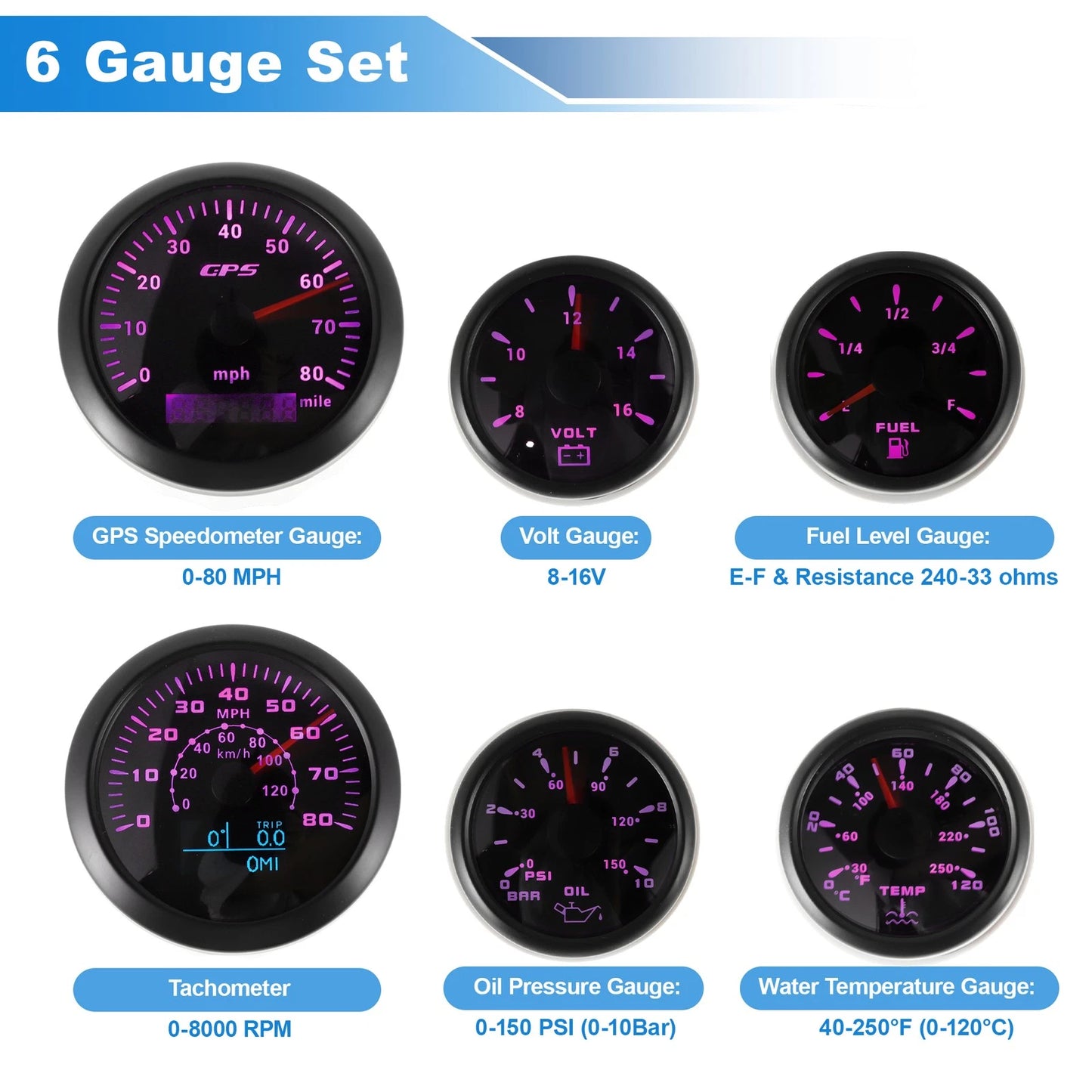 6 Gauge Set GPS Speedometer Tacho Fuel Temp Oil Volt for Marine Boat Car