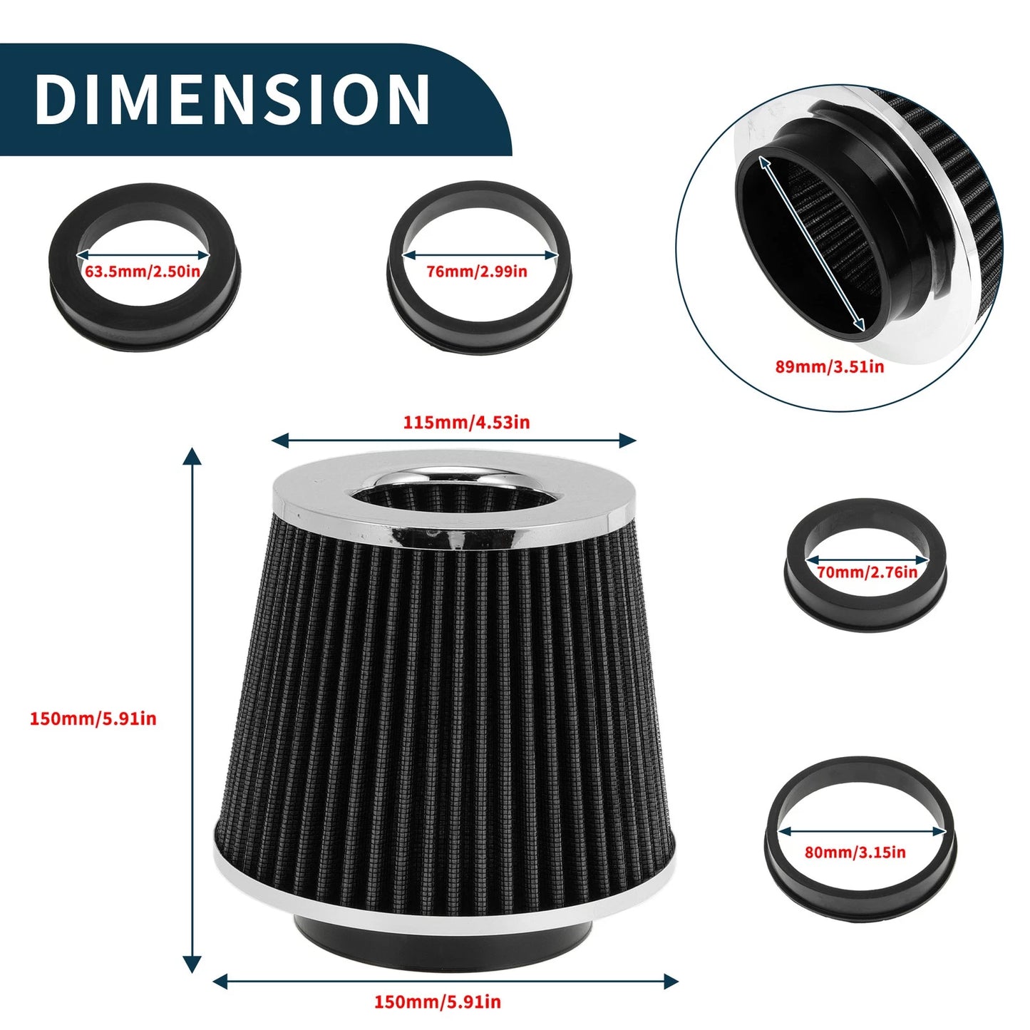 Engine Air Filter 63.5mm/70mm/76mm/80mm/89mm for Universal