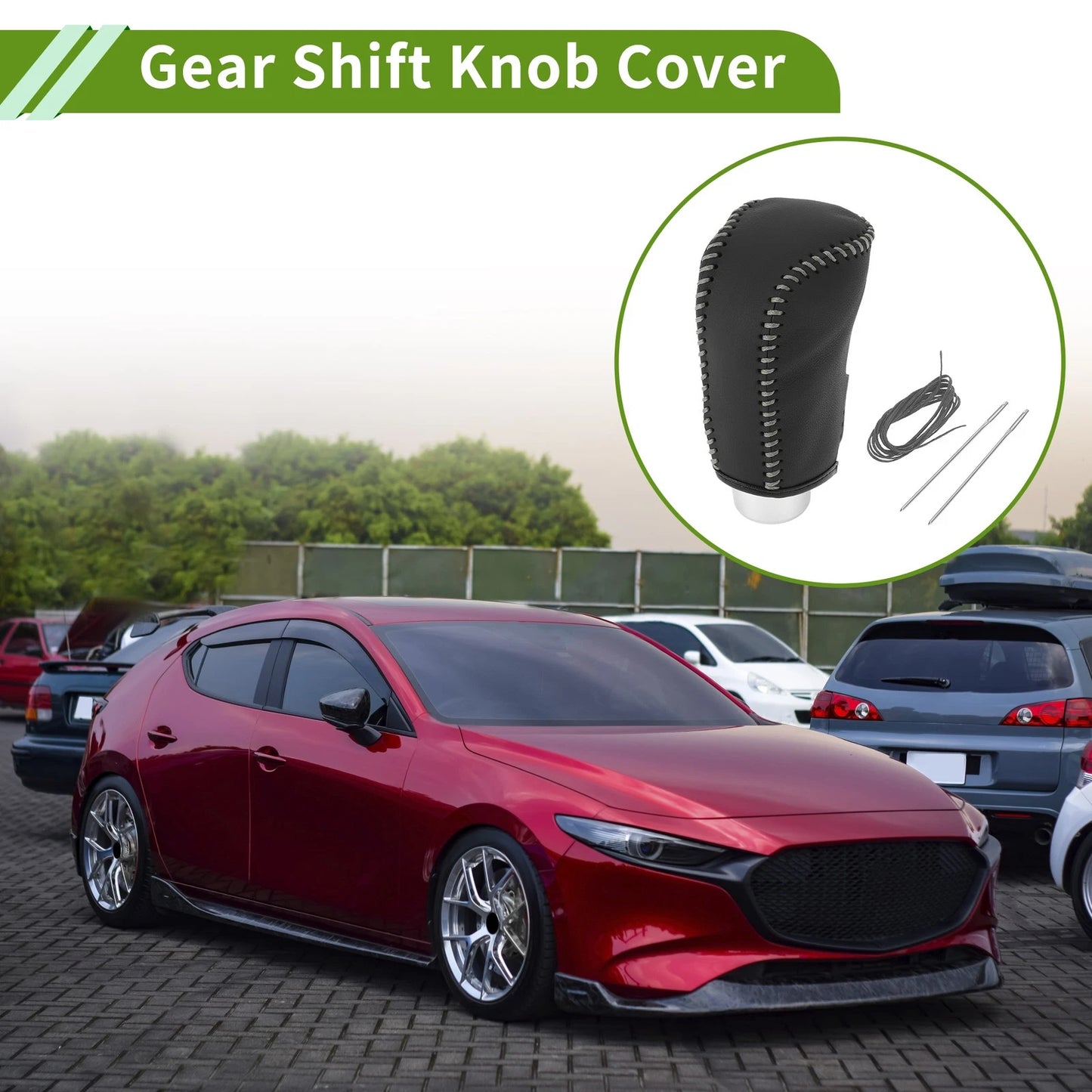 Gear Shift Knob Cover for Mazda 3 (2014–2018) Black Grey Faux Leather