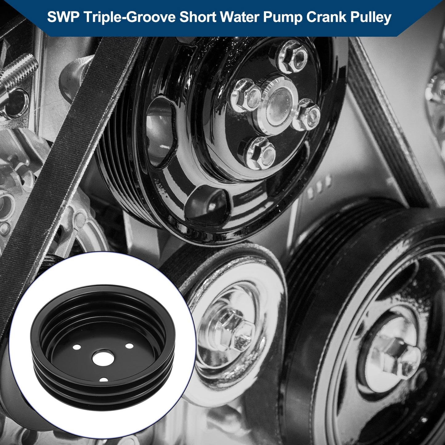3 SWP Triple-Groove Short Water Pump Crank Pulley for Chevy SBC Small Block (262)