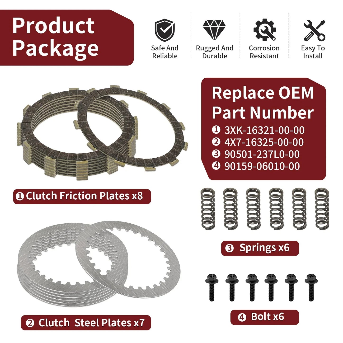 Clutch Friction Steel Plates w Spring Bolt for Yamaha YZ250 (2002–2024)