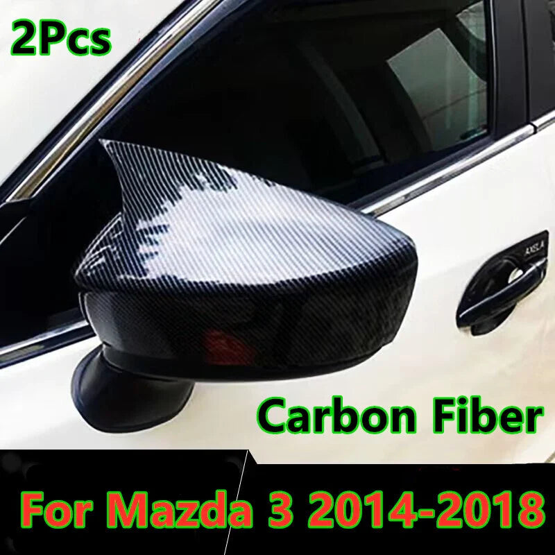 2 x Carbon Fiber Side Wing Mirror Horn Cover Caps for Mazda 3 Axela (2014-2018)