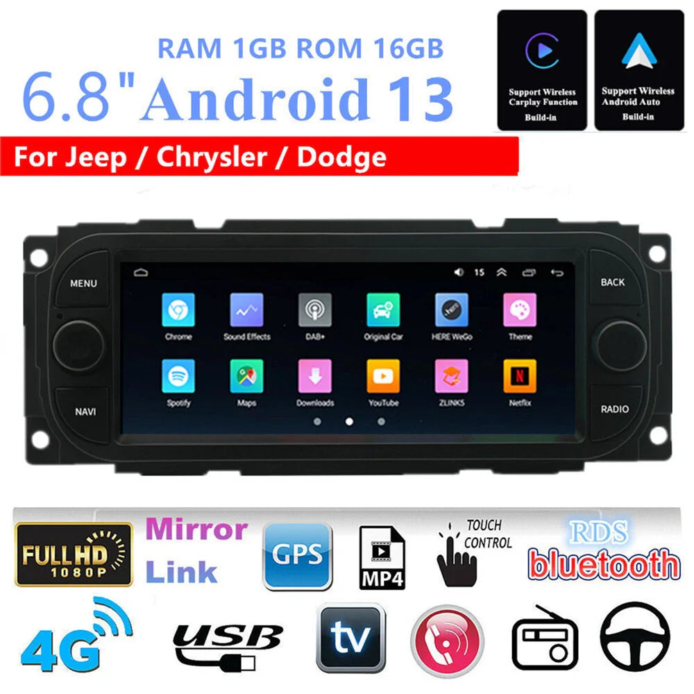 6.8" Jeep Chrysler Dodge Android Car Stereo Radio GPS Head Unit Carplay