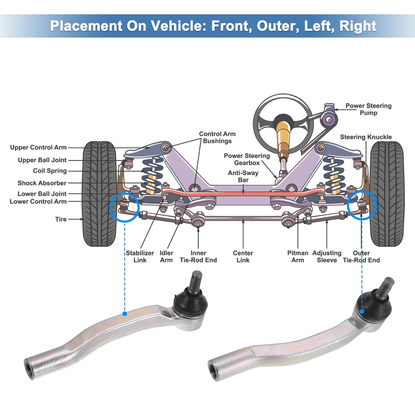 2X Front Outer Tie Rod End Links for Toyota Sienna (2003–2010) No. ES80627