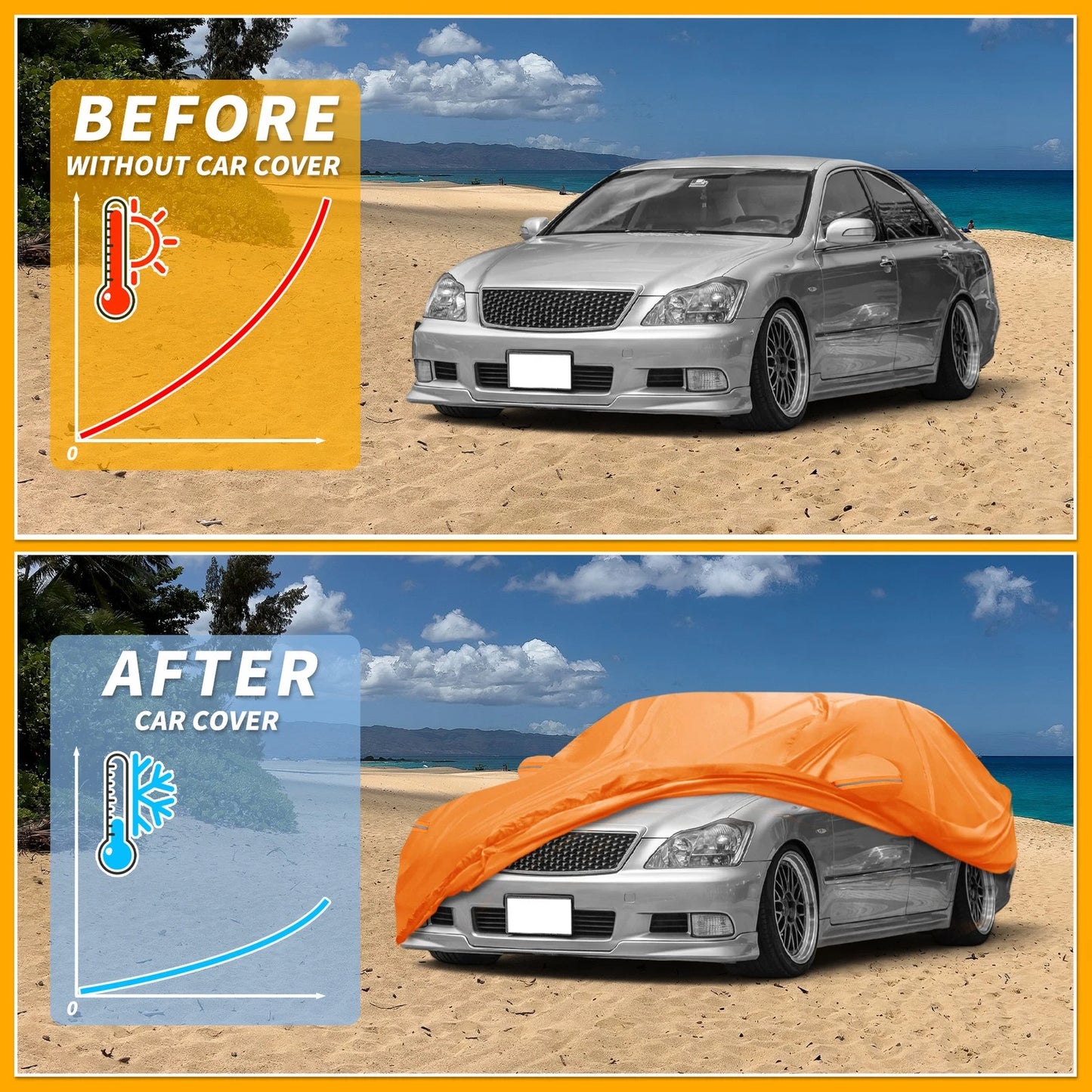 Waterproof Car Cover for Toyota Crown (All Weather, Orange, Zipper)